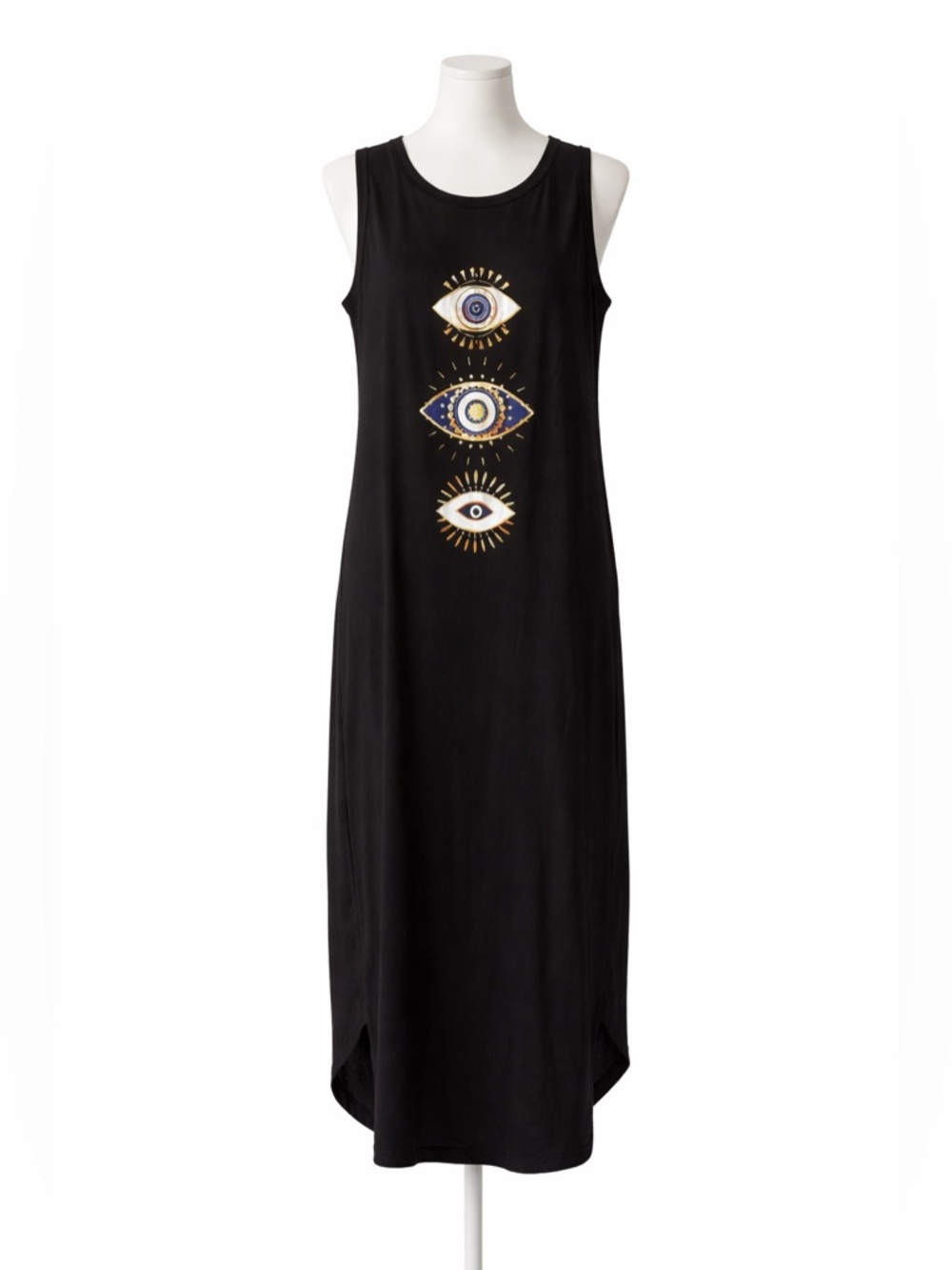 Black Sleeveless Dress with Gold & Blue Eye Motif